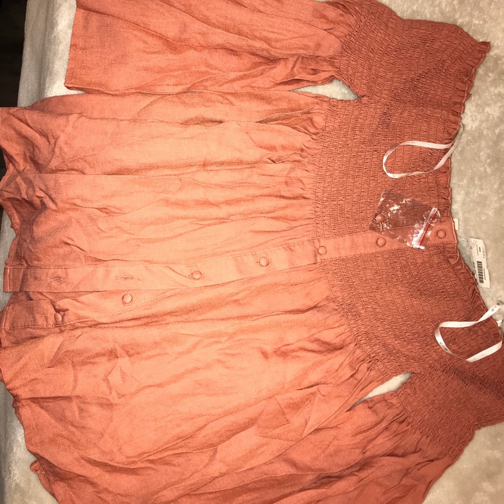 Orange, midsleeve, off the shoulder shirt,